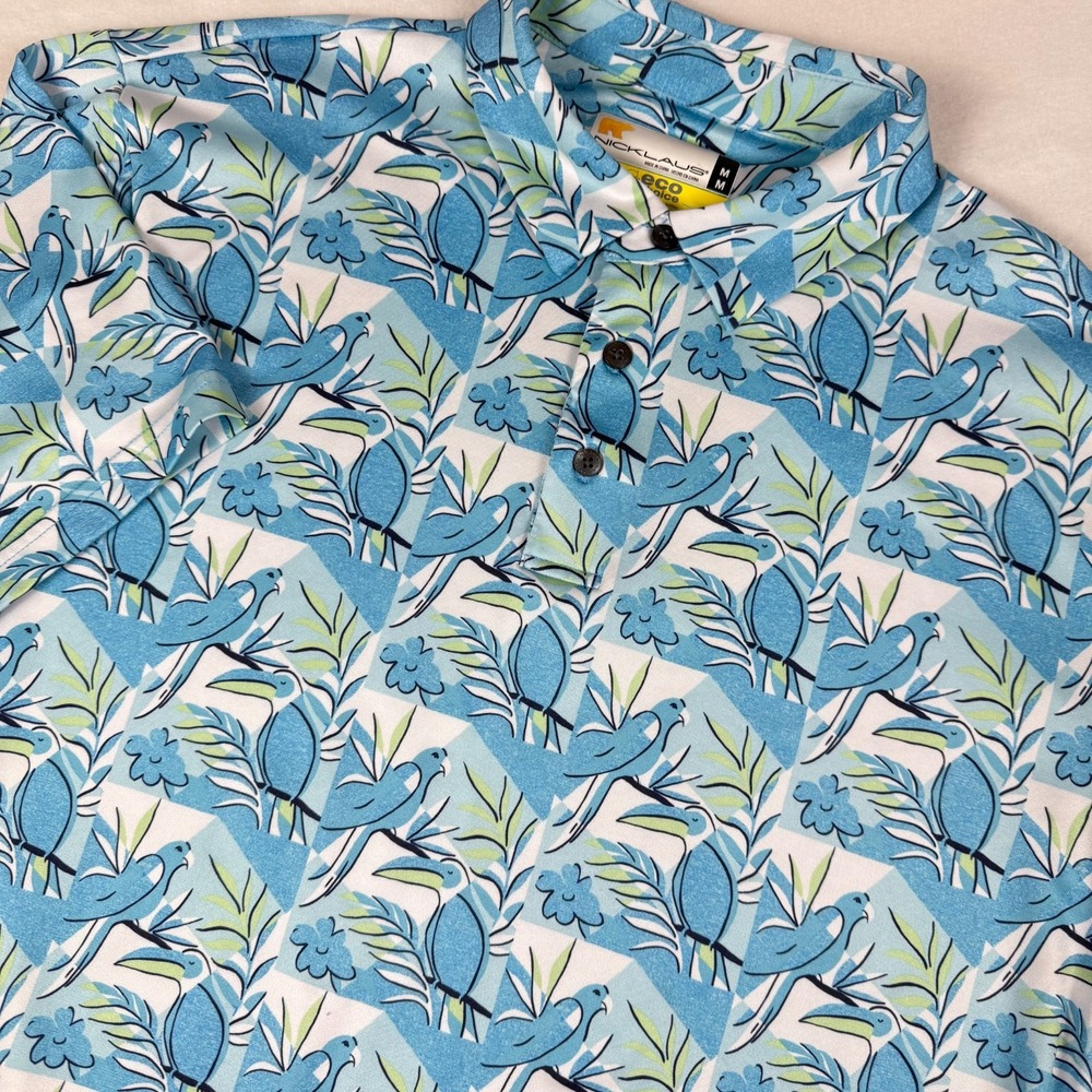 JACK NICKLAUS Eco Choice Golf Polo Shirt Size‎ M Tropical Blue Toucan Print"